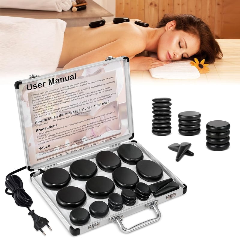 Heiße Steine Massage Set mit Heizgerät – 21 Basaltsteine für Entspannung