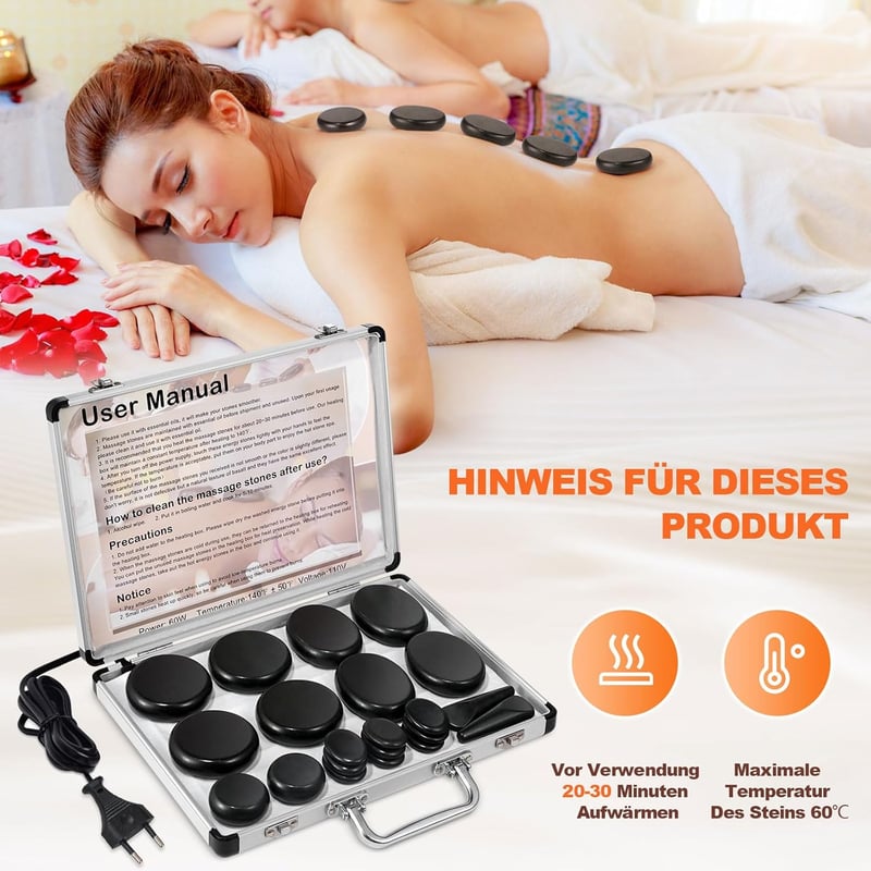 Heiße Steine Massage Set mit Heizgerät – 21 Basaltsteine für Entspannung