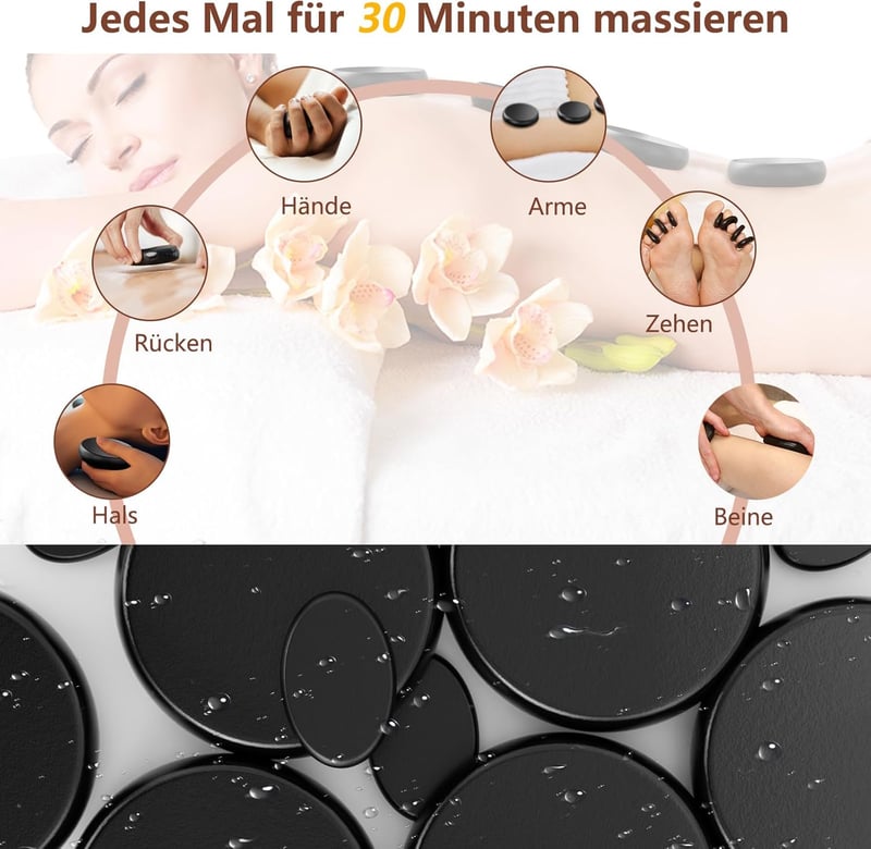 Hot Stone Massage Set, 12 Basaltsteine für Entspannung und Wellness