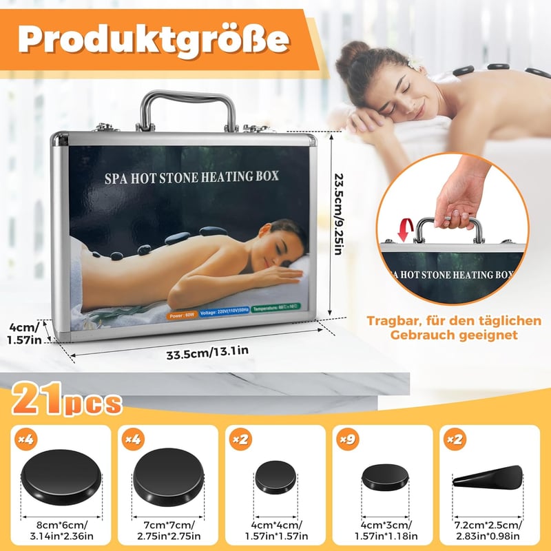 Heißstein-Massage Set mit Heizbox – 21 Steine für Wellness und Entspannung