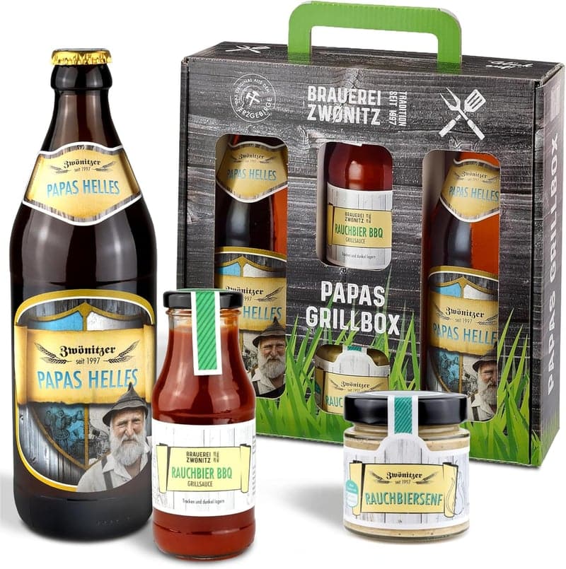 Papas Grillbox – BBQ Geschenkset mit Bier, Senf & Sauce für Männer