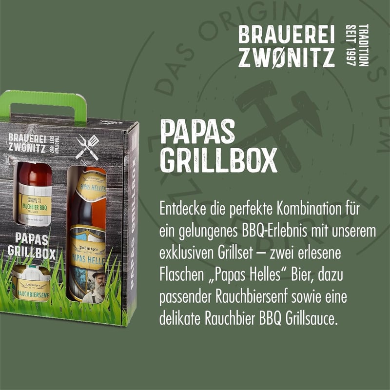 Papas Grillbox – BBQ Geschenkset mit Bier, Senf & Sauce für Männer