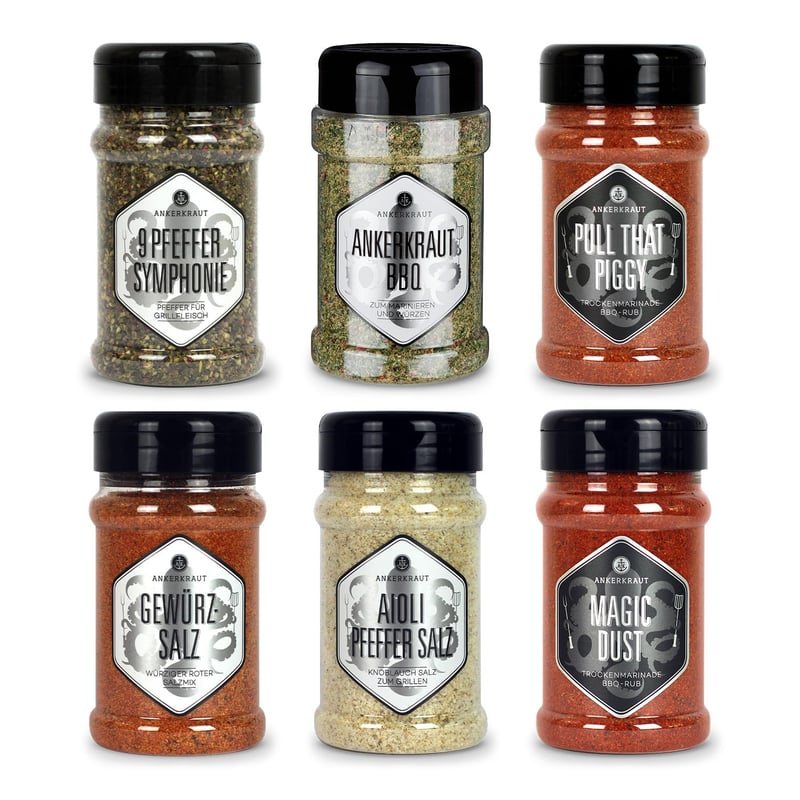 Grillset mit 6 Gewürzstreuern und BBQ-Rubs für Männer