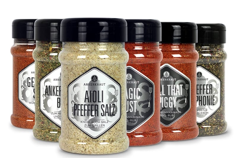 Grillset mit 6 Gewürzstreuern und BBQ-Rubs für Männer