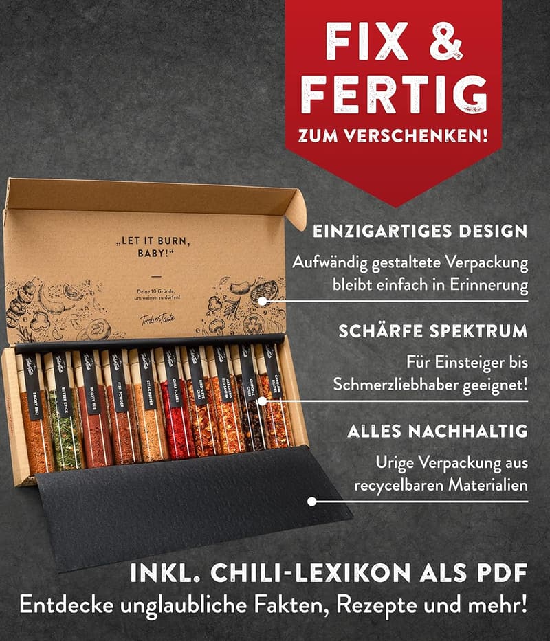 Chili & Grillgewürze Geschenkset für Männer - 10er Kombi mit 5 Grill- und 5 Chili-Gewürzen