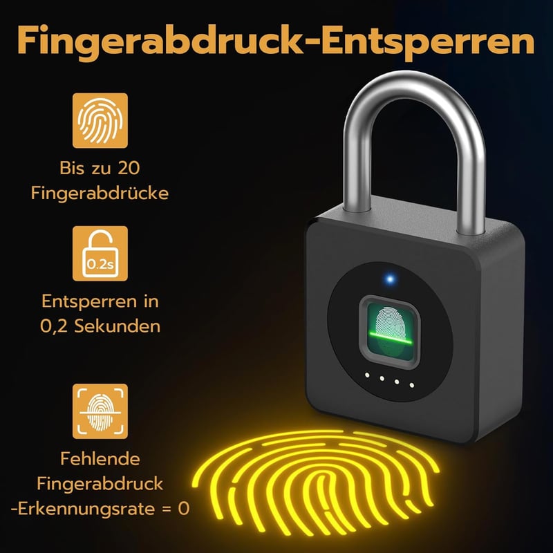 Fingerabdruck-Vorhängeschloss mit APP, wetterfest für Spind und Keller