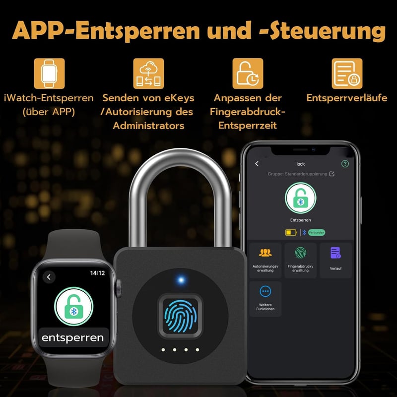 Fingerabdruck-Vorhängeschloss mit APP, wetterfest für Spind und Keller