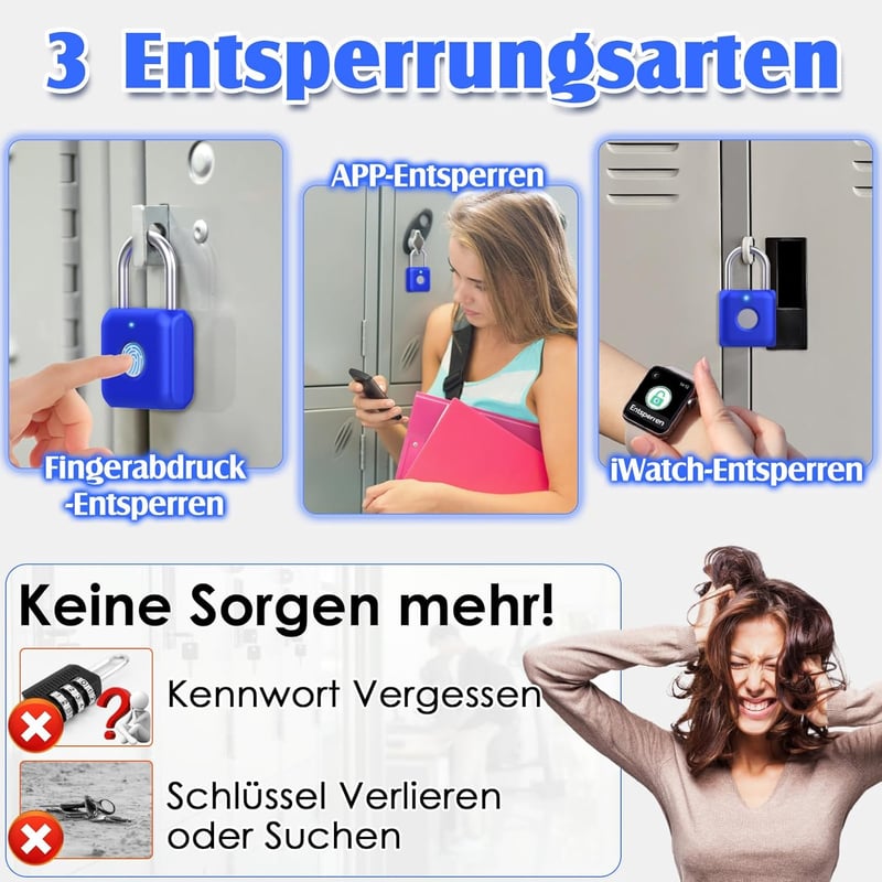 Fingerabdruck-Vorhängeschloss mit Bluetooth für Gym und Haus (Saphirblau)