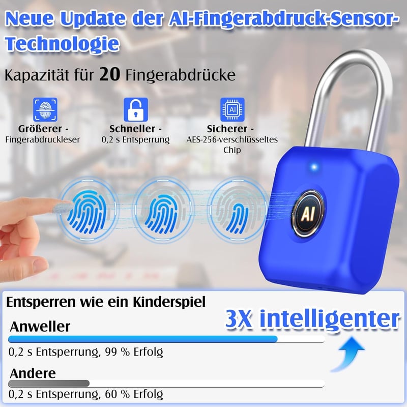 Fingerabdruck-Vorhängeschloss mit Bluetooth für Gym und Haus (Saphirblau)