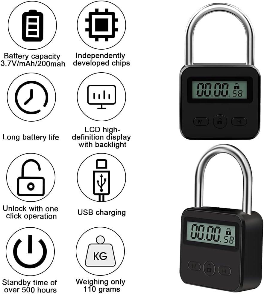 Smartes Zeitschloss mit LCD-Display – Wiederaufladbares USB-Vorhängeschloss in Schwarz