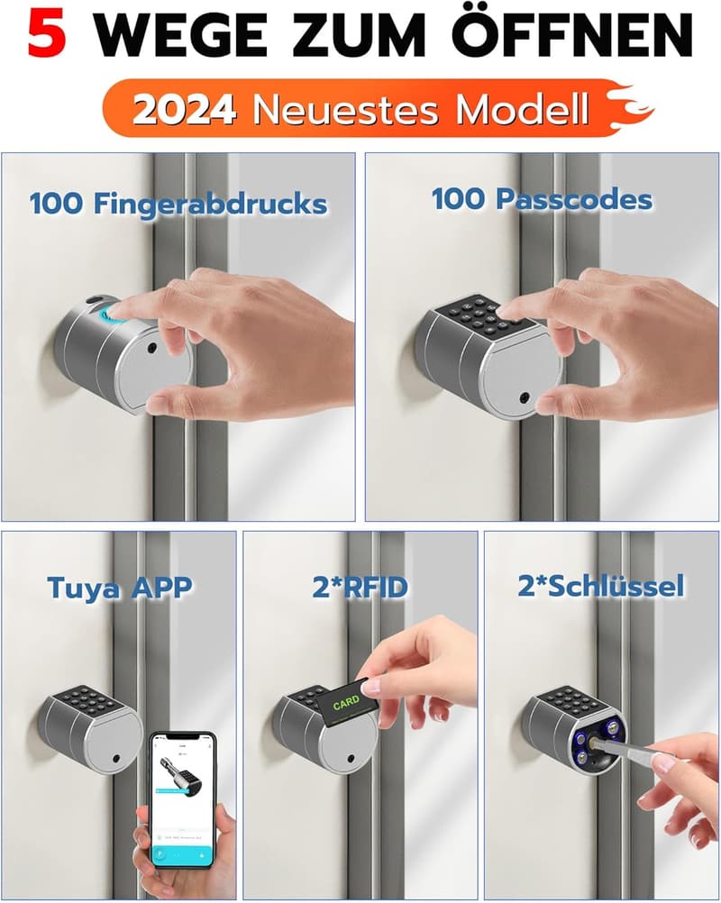Eseesmart Elektrisches Fingerabdruck-Türschloss mit RFID und APP, für 75-100mm Türen