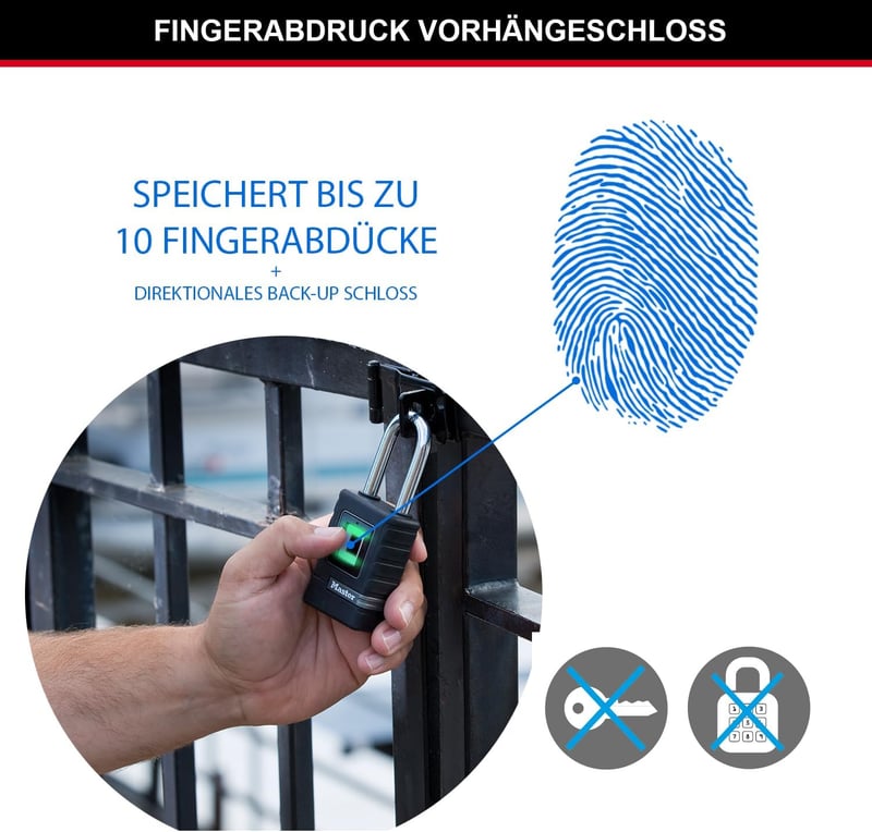 Wetterfestes biometrisches Vorhängeschloss mit langem Bügel für draußen
