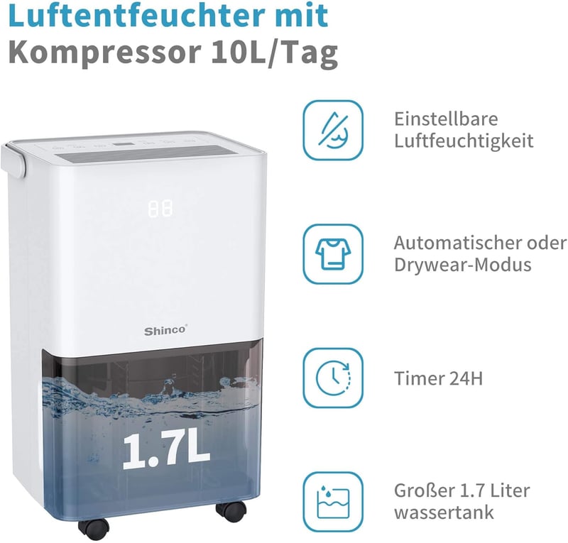 SHINCO Elektrischer Luftentfeuchter 10L für Räume bis 45m³