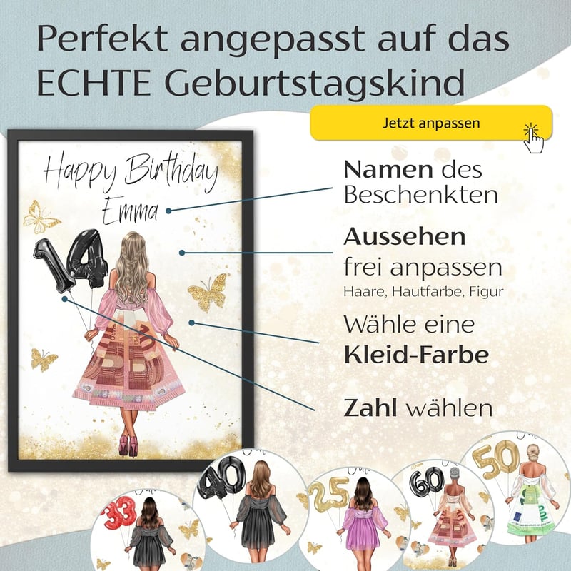 Geldgeschenk zum 14. Geburtstag mit Rahmen für beste Freundin