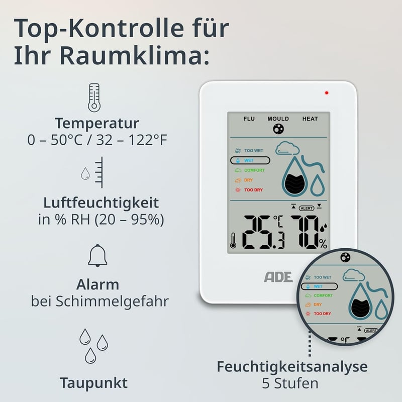 Digitales Hygrometer mit Schimmelalarm und Thermometer für innen