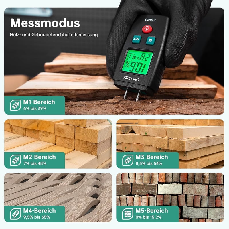 Holzfeuchtemessgerät ERICKHILL EWM03 mit LCD-Display und 5 Modi