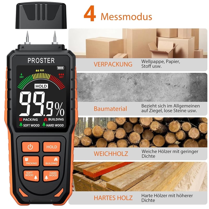 Feuchtigkeitsmessgerät mit LCD-Display und 4 Messmodi für Baustoffe