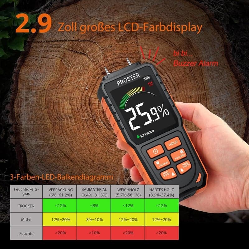 Feuchtigkeitsmessgerät mit LCD-Display und 4 Messmodi für Baustoffe