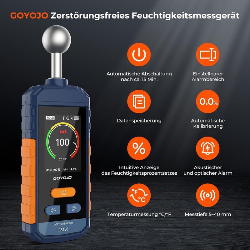 Wiederaufladbares Feuchtigkeitsmessgerät für Holz und Wände, mit Sensor 5-40mm