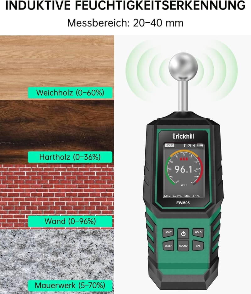 Kontaktloses Feuchtigkeitsmessgerät für Wand und Mauerwerk mit LED-Anzeige