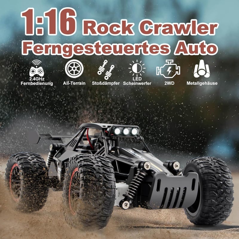 Ferngesteuertes Off-Road Auto 1:16 mit LED, 2 Akkus, 20+ Km/h für Kinder ab 3 Jahren
