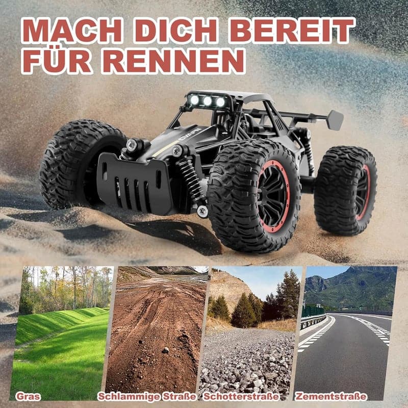 Ferngesteuertes Off-Road Auto 1:16 mit LED, 2 Akkus, 20+ Km/h für Kinder ab 3 Jahren