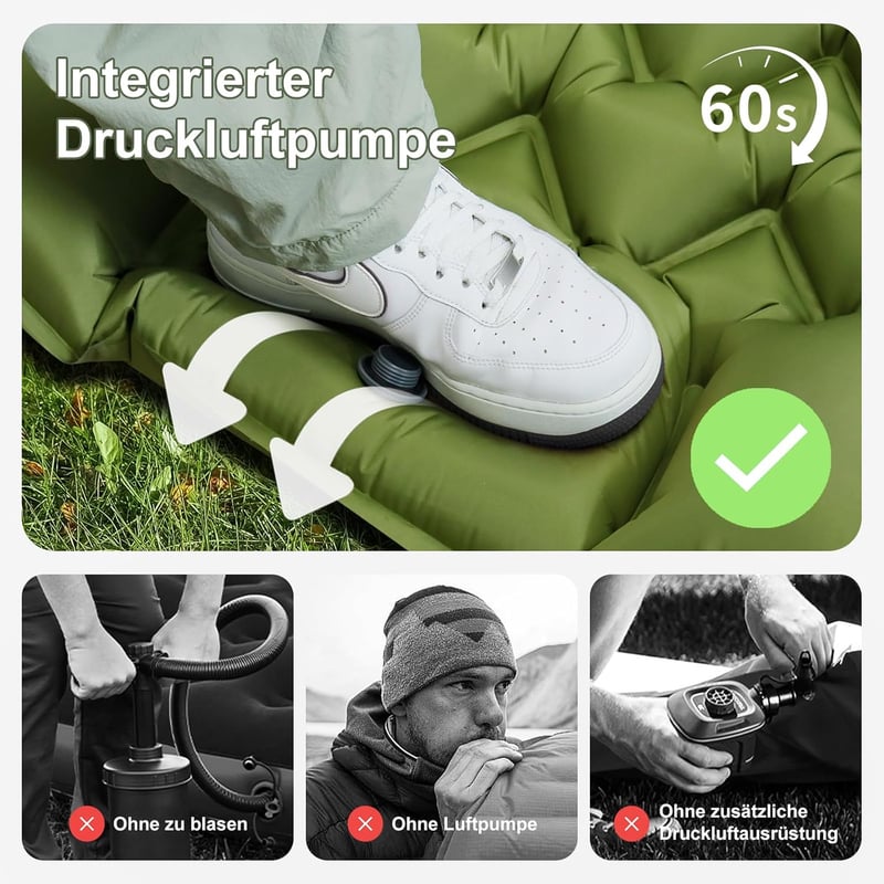 Selbstaufblasende Camping-Isomatte mit integriertem Kopfkissen, ultraleicht