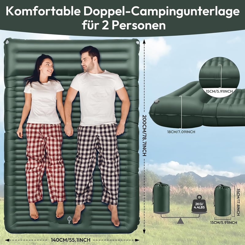 Selbstaufblasende Isomatte für Camping mit Kissen und Fußpumpe, ultraleicht und wasserdicht