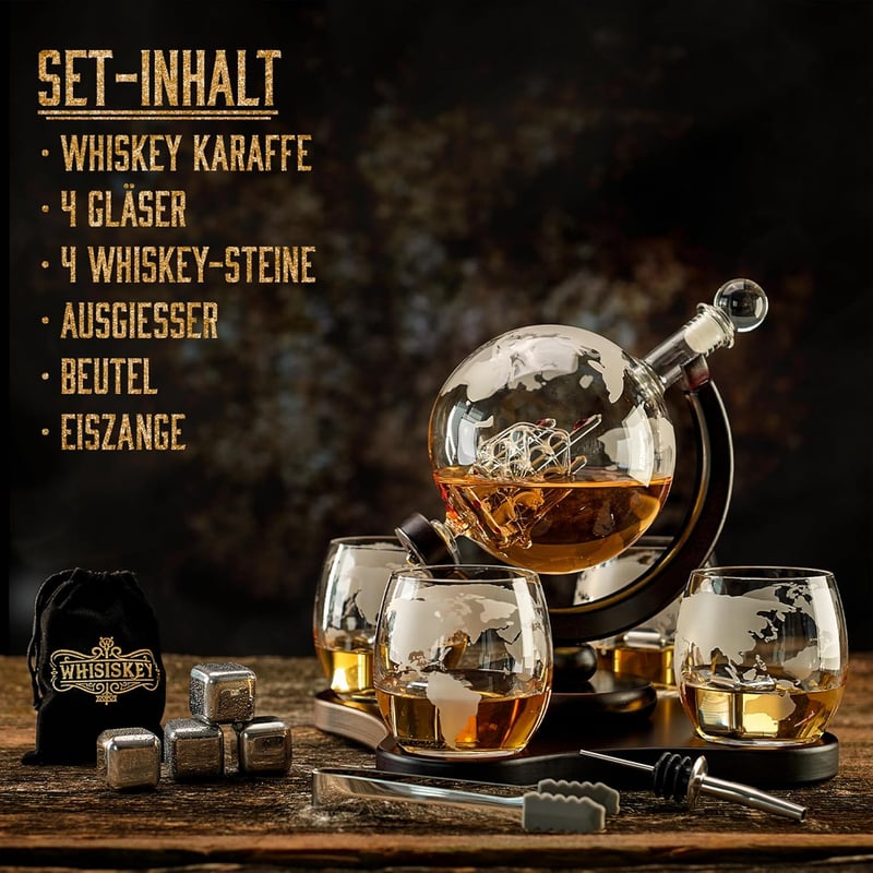 Whiskey Karaffe Set mit Globus Dekanter und 4 Gläsern - Geschenk für Männer