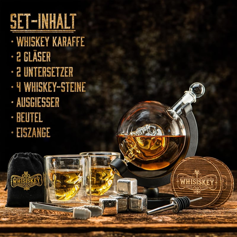 Whisky Geschenkset mit Skull Dekanter und 2 Gläsern, 900ml