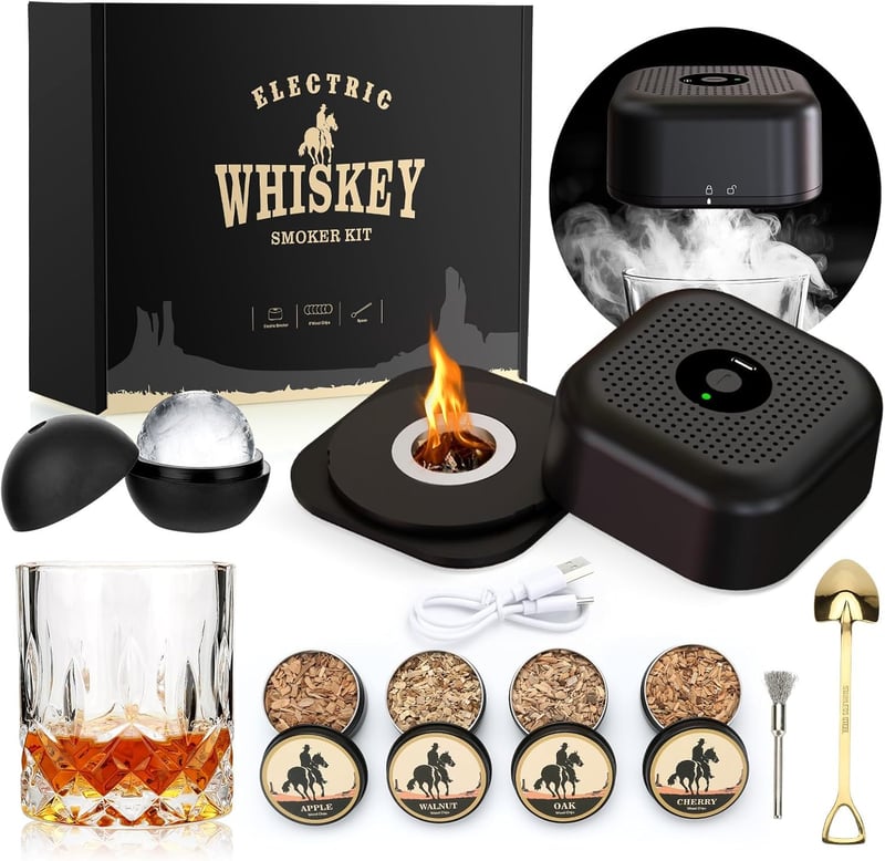 Whisky Smoker Set mit 4 Holzchips, Gläsern & Feuerzeug für Väter