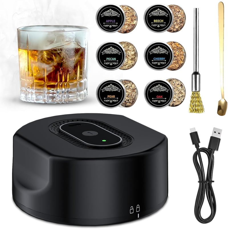 Elektrisches Whisky Smoker Set mit 6 Holzchips – Flammenfreies Cocktail-Räucherset für Männer