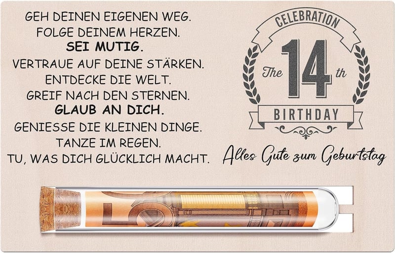 Geschenkset zum 14. Geburtstag für Mädchen und Jungen mit Geldgeschenk und Holzkarte