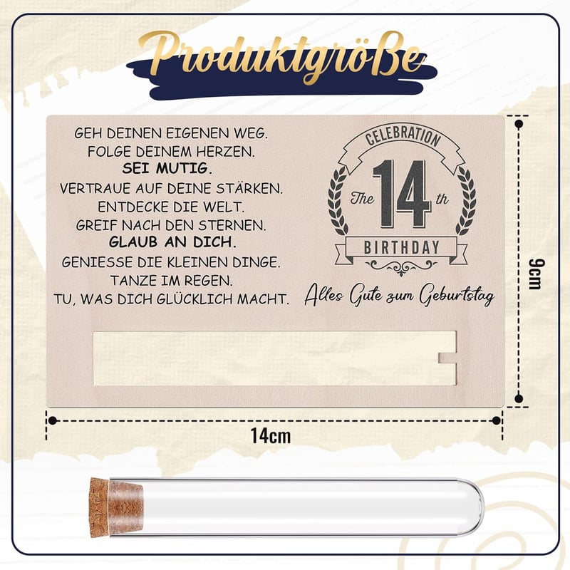 Geschenkset zum 14. Geburtstag für Mädchen und Jungen mit Geldgeschenk und Holzkarte