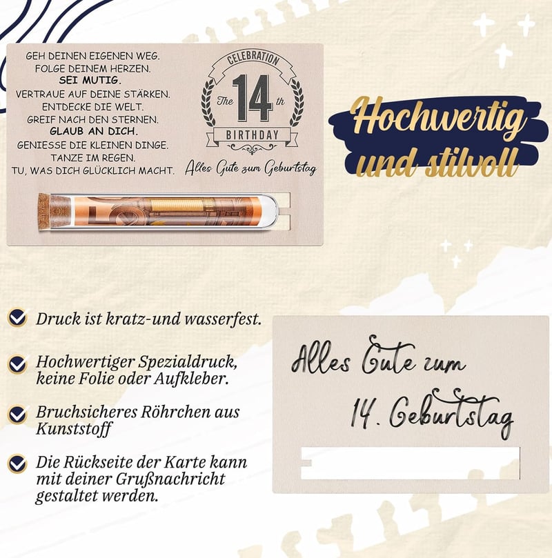 Geschenkset zum 14. Geburtstag für Mädchen und Jungen mit Geldgeschenk und Holzkarte