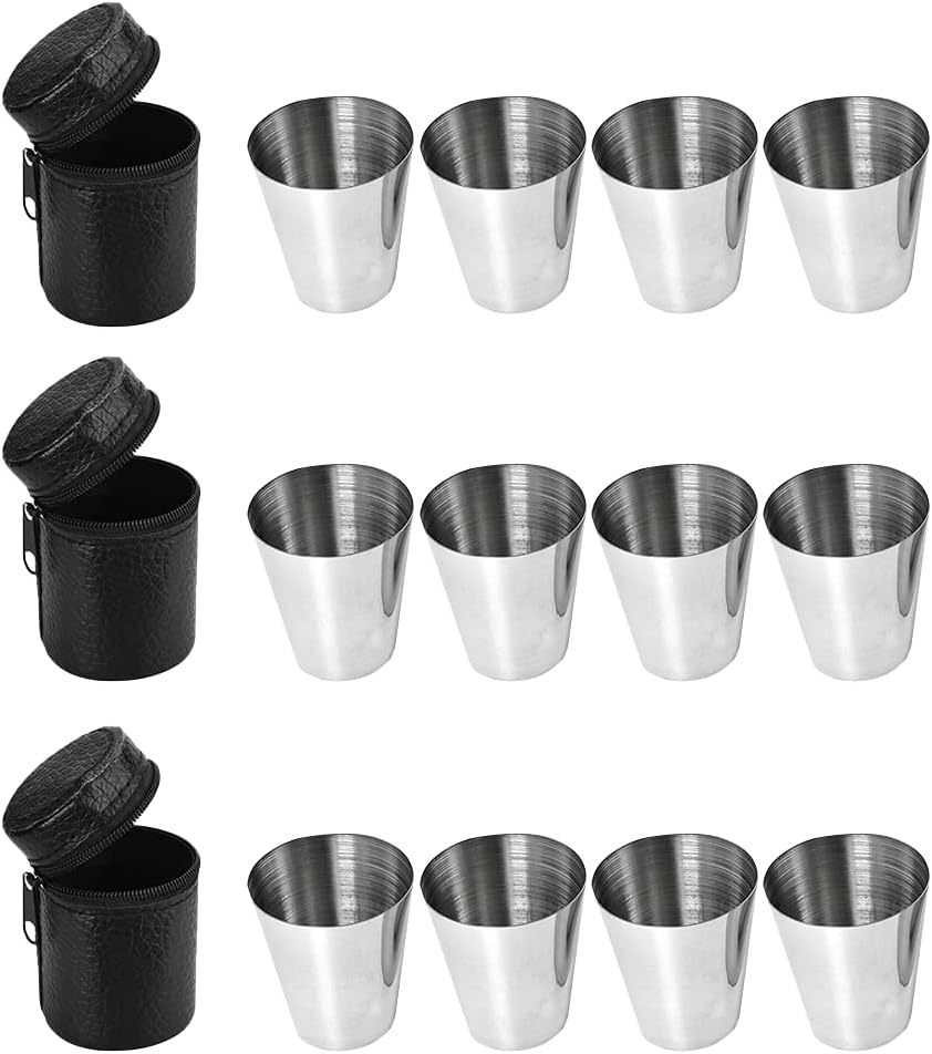 Edelstahl Becher Set mit Leder-Tasche für Schnaps, 12 Stück