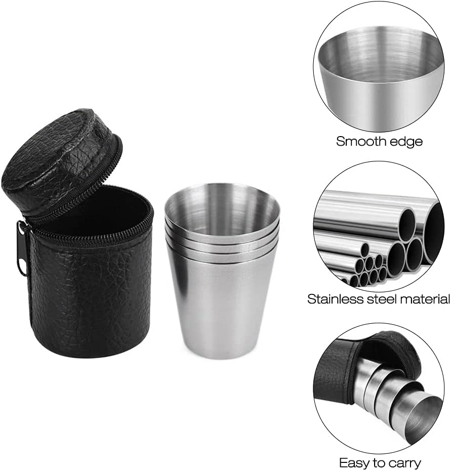 Edelstahl Becher Set mit Leder-Tasche für Schnaps, 12 Stück