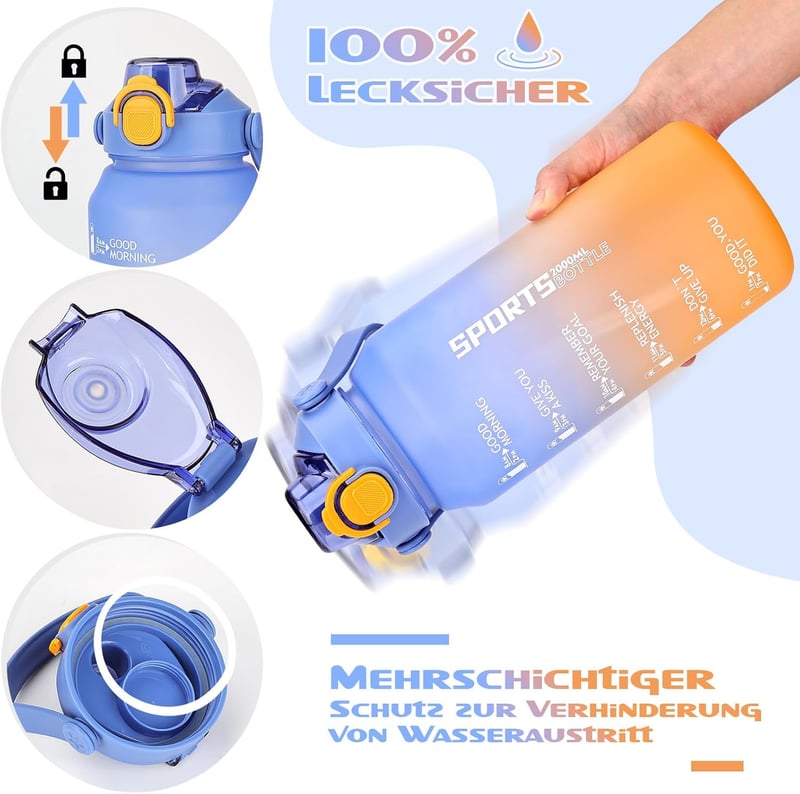 AOPREL 2l Sport-Trinkflasche mit Strohhalm, BPA-frei und auslaufsicher