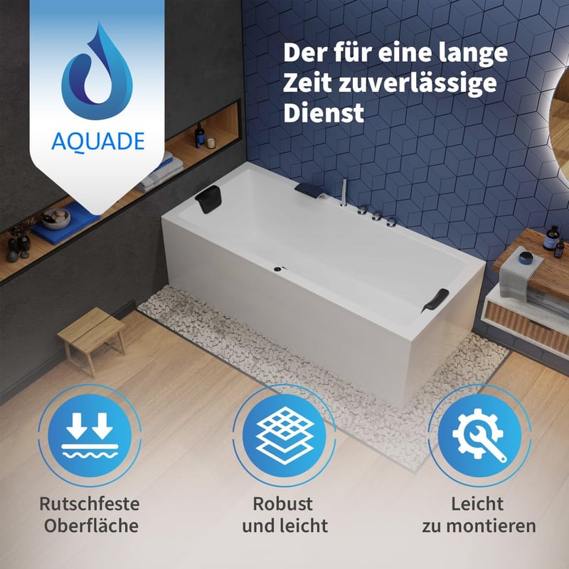 AQUADE ULM Acryl Badewanne 190x90 cm mit Komplettset und LED