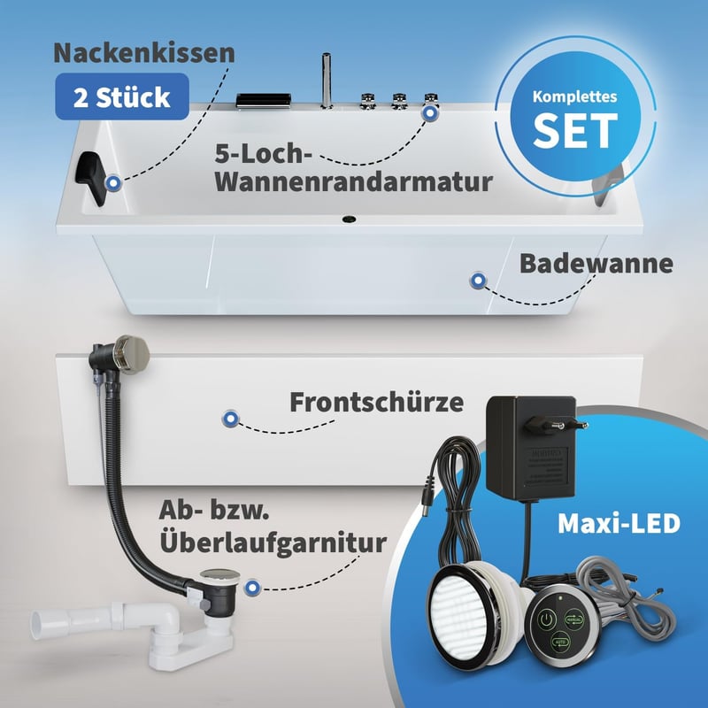 AQUADE ULM Acryl Badewanne 190x90 cm mit Komplettset und LED