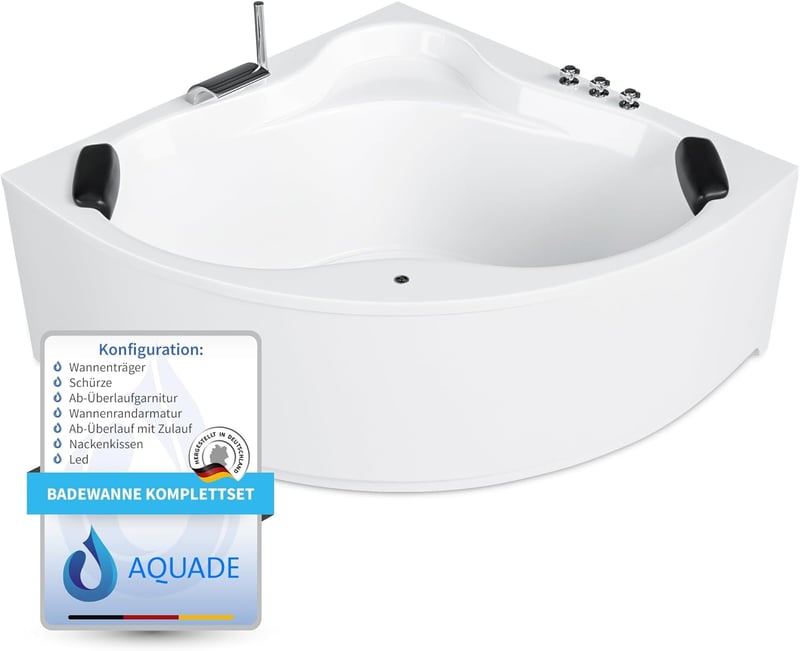 Eckbadewanne 150x150 cm mit Komplettset und Nackenkissen