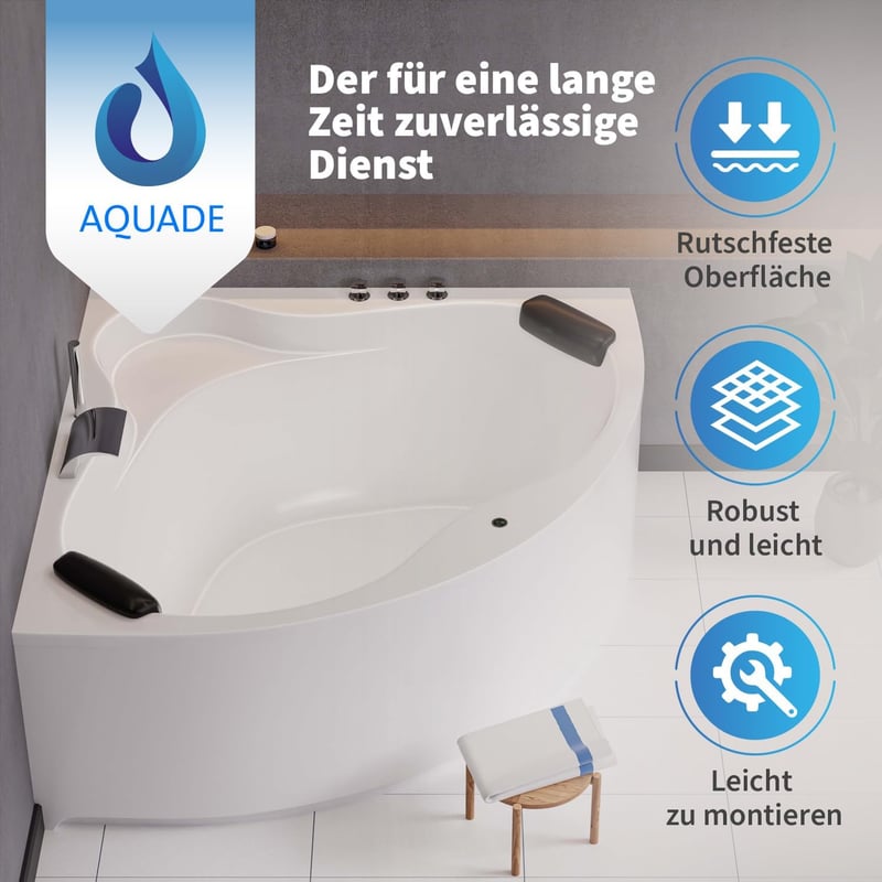 Eckbadewanne 150x150 cm mit Komplettset und Nackenkissen
