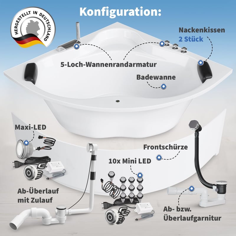 Eckbadewanne 150x150 cm mit Komplettset und Nackenkissen