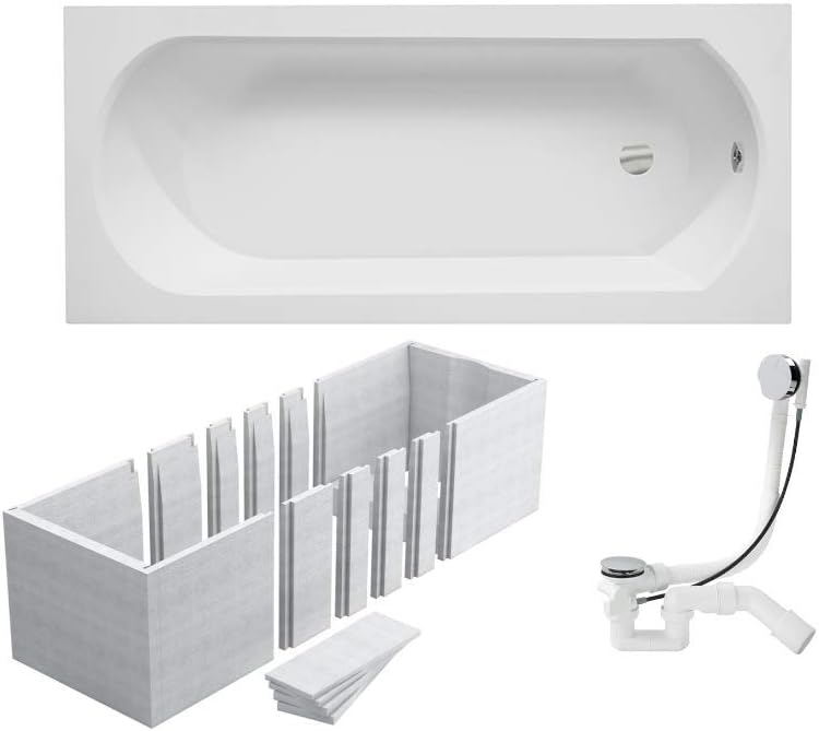 Badewanne 160x75 cm aus Acryl, modernes Design, SET 3in1 mit Siphon