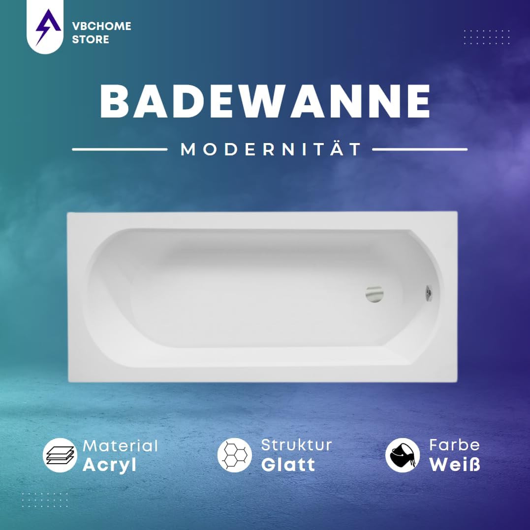 Badewanne 160x75 cm aus Acryl, modernes Design, SET 3in1 mit Siphon