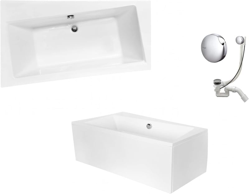 Eckbadewanne 150x90 cm Weiß mit Schürze, Siphon und Ablaufgarnitur