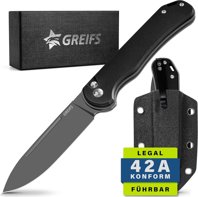 GREIFS® Klappmesser Paxos D2 Stahl mit Buttonlock und Kydexscheide