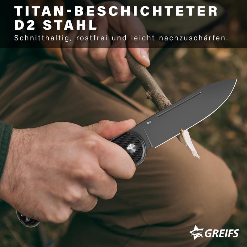 GREIFS® Klappmesser Paxos D2 Stahl mit Buttonlock und Kydexscheide