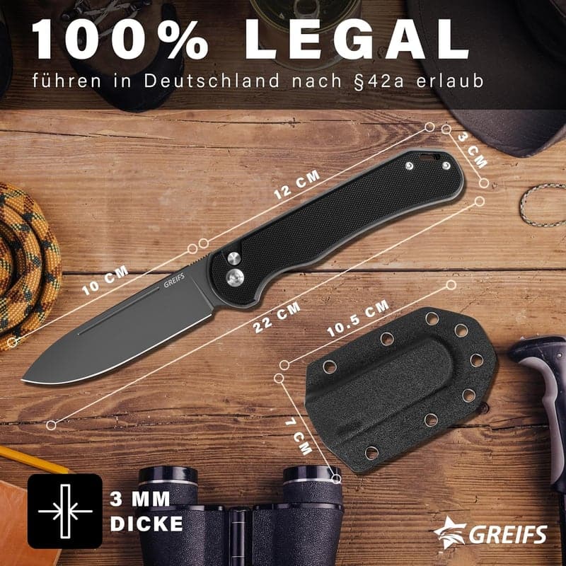 GREIFS® Klappmesser Paxos D2 Stahl mit Buttonlock und Kydexscheide