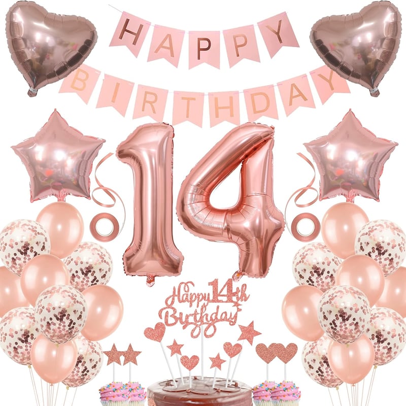 Tortendeko 14. Geburtstag für Mädchen – Rosegoldene Ballons